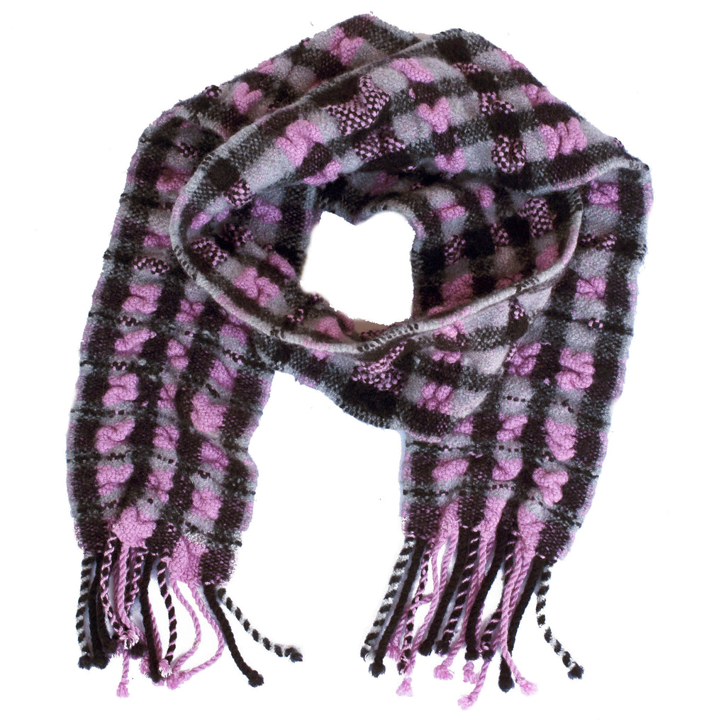 Handwoven and Felted Scarf, "Pink and Gray Plaid," 4.5 x 50 inches