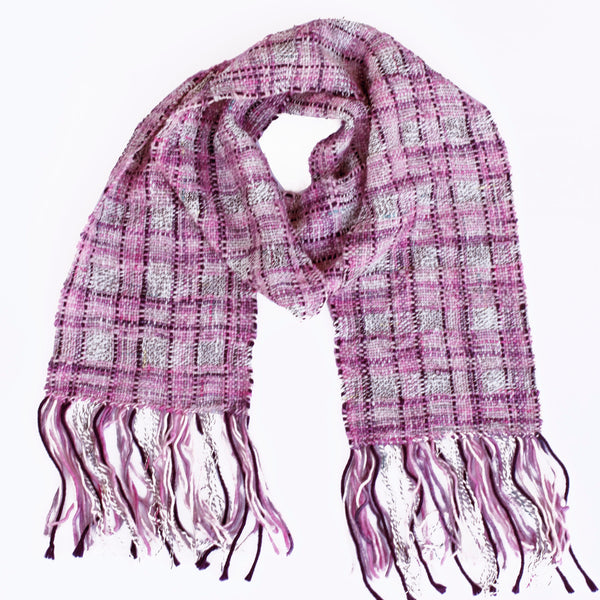 Handwoven Scarf, "Pink Plaid," 6" x 52"