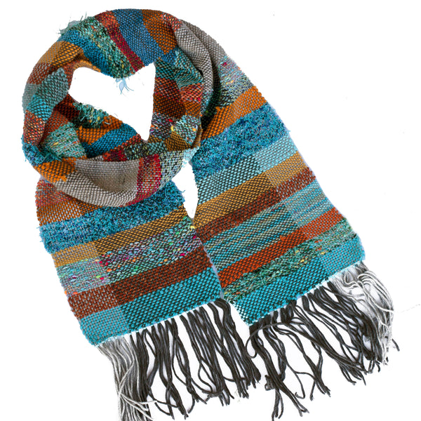 Handwoven Scarf, "Blue and Orange," 6.5" x 63"