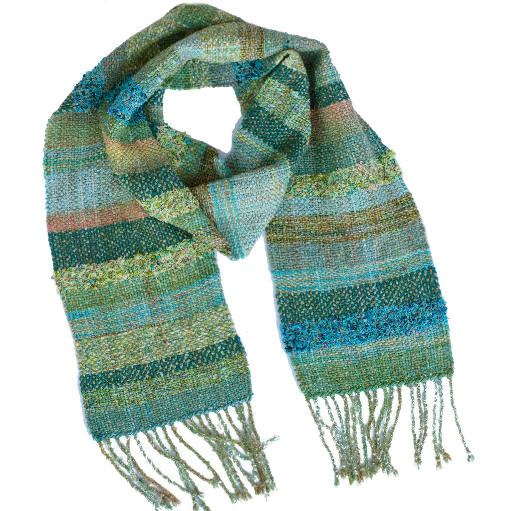 Handwoven Scarf, "Ocean Greens," 6.5" x 59"