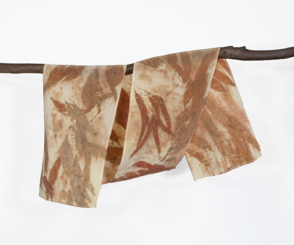 Eucalyptus Leaf Print Silk Scarf, matte crepe de chine, 8" x 50"