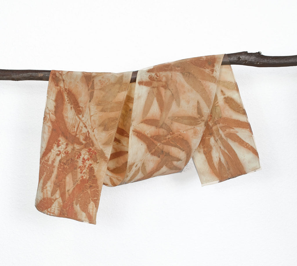 Eucalyptus Leaf Print Silk Scarf, matte crepe de chine, 8" x 50"